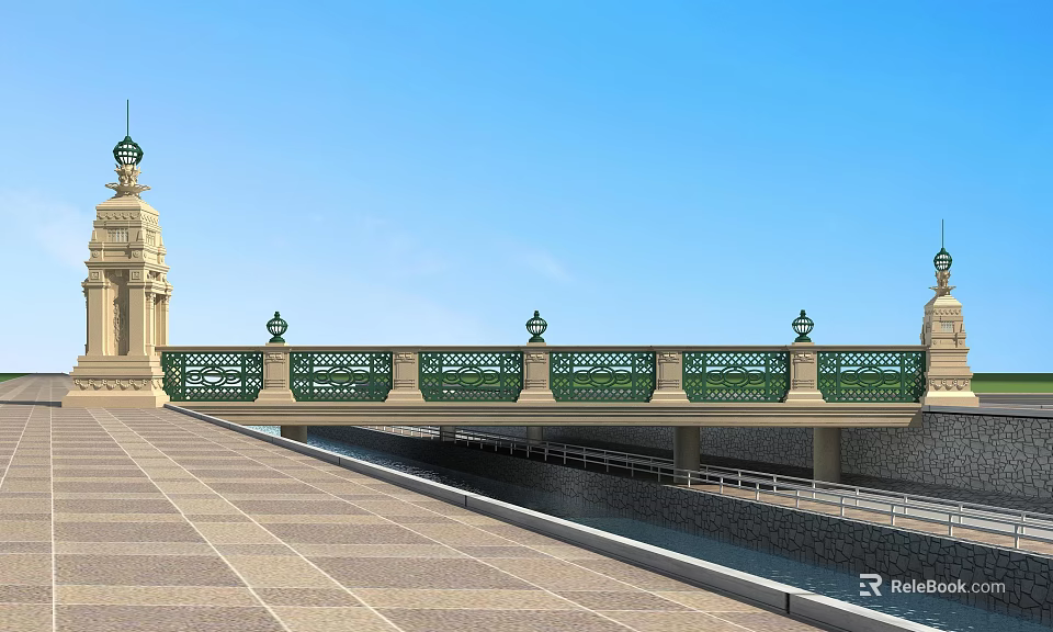 Classical Garden Landscape With Green Railed Bridge Stone Pavement And Water Channel 3d model 