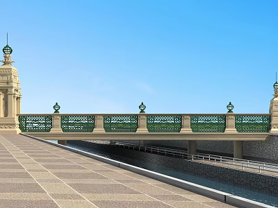 Classical Garden Landscape With Green Railed Bridge Stone Pavement And Water Channel 3d model