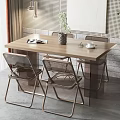 Wooden Dining Table Set with Transparent Back Metal Frame Chairs Open Book Vase and Plant