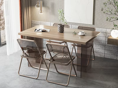 Wooden Dining Table Set with Transparent Back Metal Frame Chairs Open Book Vase and Plant 3d model