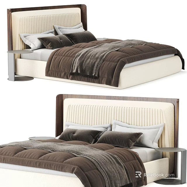 Modern Double Bed With Upholstered Headboard Beige Frame Brown Bedding And Nightstand 3d model