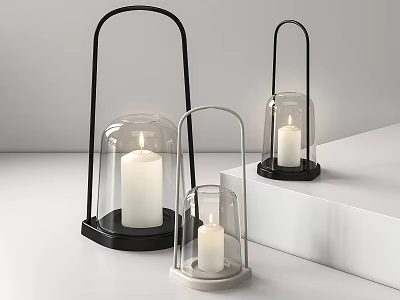 Lantern Shaped Table Lamp Featuring Glass Shade Black White Base And Candle Like Light 3d model