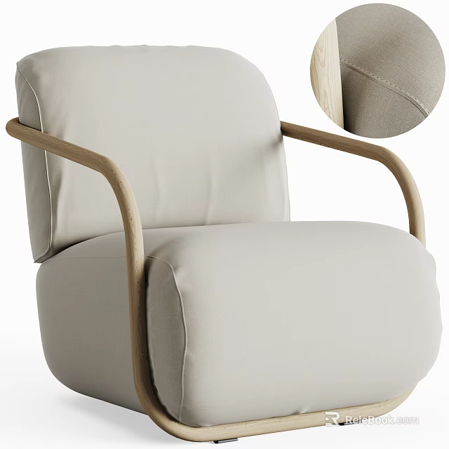 Modern Light Beige Fabric Upholstered Single Sofa With Wooden Armrests And Stitched Details 3d model 