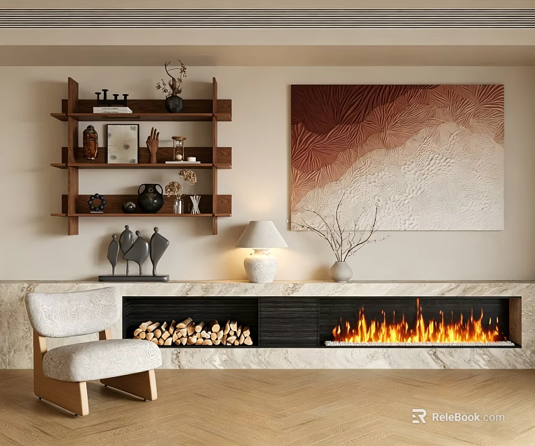 Modern Fireplace Interior With Marble Surround Artwork Decorative Shelves Floor Lamp And Accent Chair 3d model 