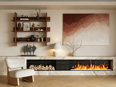 Modern Fireplace Interior With Marble Surround Artwork Decorative Shelves Floor Lamp And Accent Chair 3d model