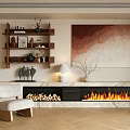 Modern Fireplace Interior With Marble Surround Artwork Decorative Shelves Floor Lamp And Accent Chair