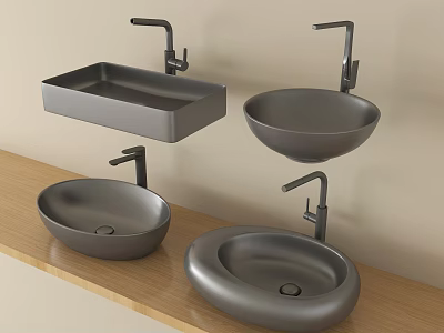 Modern Gray Washbasins In Different Shapes With Wall Mounted And Countertop Designs And Faucets 3d model