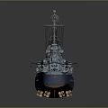 Battleship Model With Blue Body Red Bottom Multiple Turrets And Superstructure