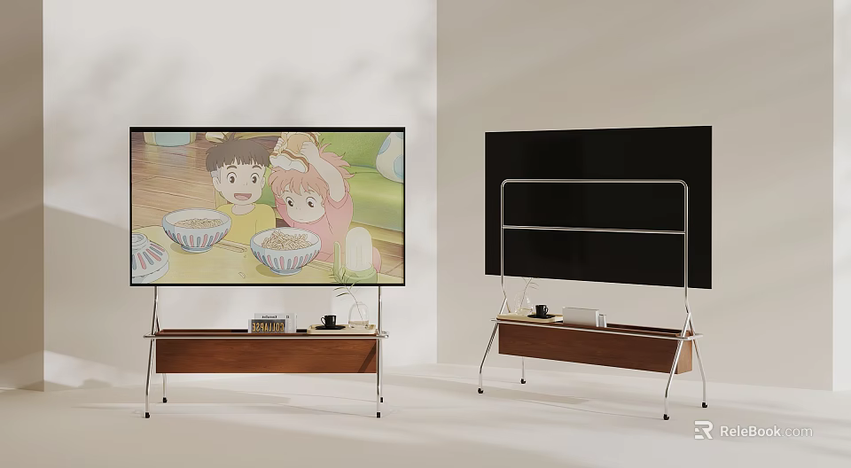 Modern TVs In Living Room With Wooden Stands Wheels And Children Eating On Screen 3d model 