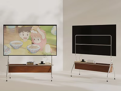 Modern TVs In Living Room With Wooden Stands Wheels And Children Eating On Screen 3d model