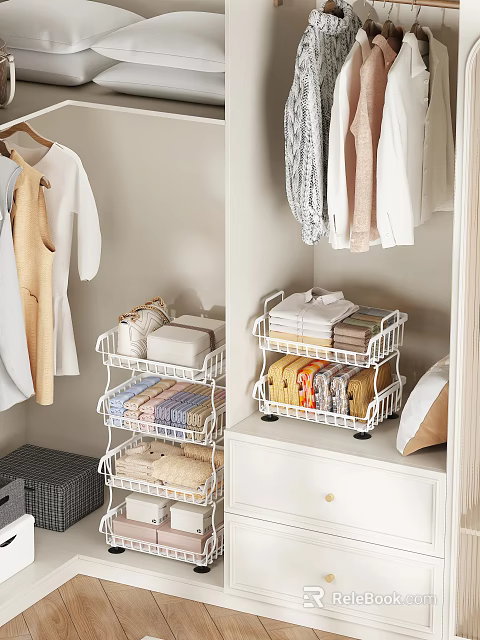 Organized Closet Interior With Hanging Clothes Stackable Storage Baskets And Folded Clothes 3d model 