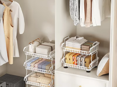 Organized Closet Interior With Hanging Clothes Stackable Storage Baskets And Folded Clothes 3d model