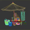 Cartoon Fruit Stall Scene With Blue Umbrella Wooden Chair Green Sign And Watermelon Baskets