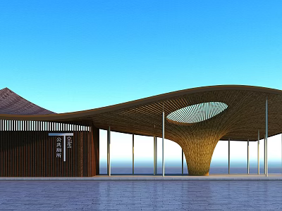 Modern Curved Wooden Pergola Featuring Hollow Design And Glass Columns Under Blue Sky 3d model