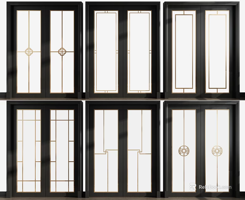 Modern Sliding Doors With Black Frames And Decorative Glass Patterns For Home Interior 3d model