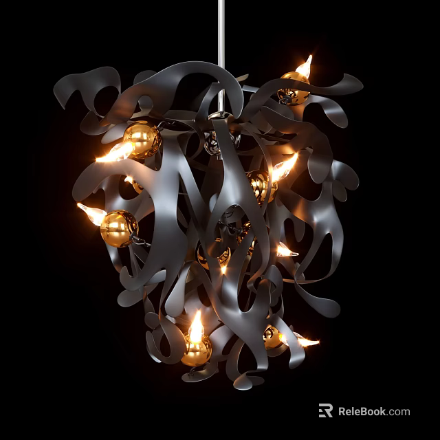 Modern Black Chandelier With Curved Ribbons Golden Spherical Accents And Warm Glowing Lights 3d model 