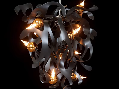 Modern Black Chandelier With Curved Ribbons Golden Spherical Accents And Warm Glowing Lights 3d model