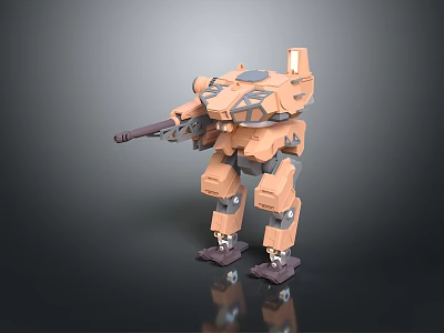 Futuristic Orange Armored Mech Robot Holding Rifle Weapon In Hand 3d model