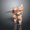 Futuristic Orange Armored Mech Robot Holding Rifle Weapon In Hand