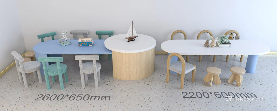 Kids Round and Oval Wooden Table 650mm 2200mm with Matching Chairs Toy Car Sailboat Model 3d model 