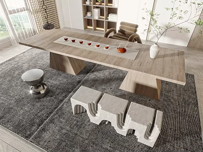 Modern Wooden Tea Table and Chairs with Tea Cups and Vase in Bright Living Room 3d model