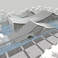 Modern Residential Building With Unique Curved Roof Design Surrounded By Water Features And Trees