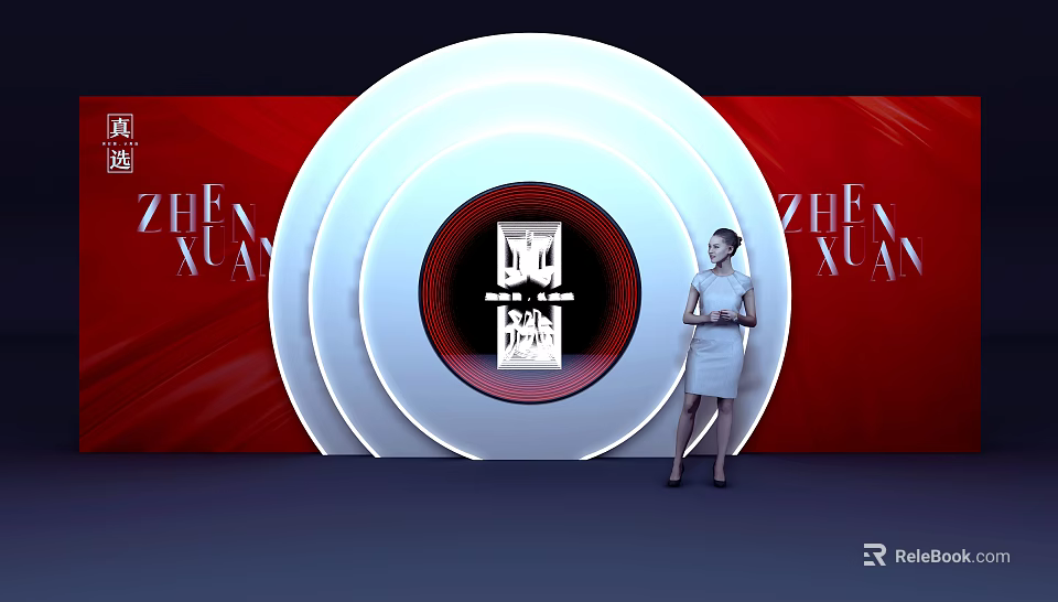 Photo Check In Spot With Red Background White Concentric Circles Black Logo And Female Model 3d model 