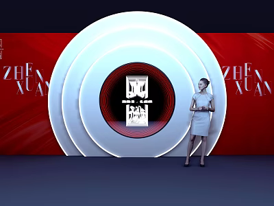 Photo Check In Spot With Red Background White Concentric Circles Black Logo And Female Model 3d model