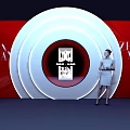 Photo Check In Spot With Red Background White Concentric Circles Black Logo And Female Model