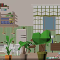 Cartoon Interior Scene With Loft Bed Green Plants Window Curtains And Furniture
