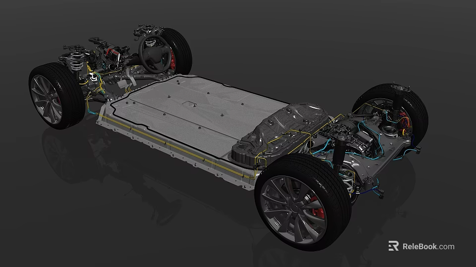 Detailed Car Chassis Structure With Battery Wheels Axles And Mechanical Parts 3d model 