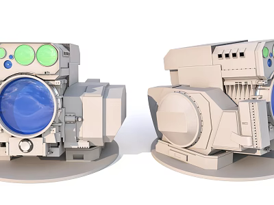 Detailed Sci-Fi Style Weapons With Circular Components Green Blue Elements And Gray Body On Base 3d model