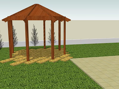 Wooden Gazebo With Brown Roof And Columns In Green Grass Garden With Small Trees And Tiled Path 3d model