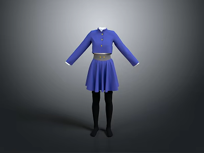 Stylish Blue Dress With White Collar Waist Belt Long Sleeves And Black Stockings Shoes 3d model