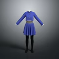 Stylish Blue Dress With White Collar Waist Belt Long Sleeves And Black Stockings Shoes
