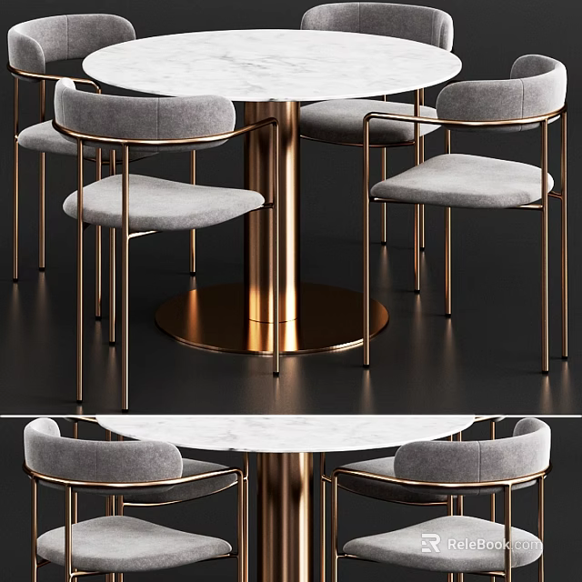 Modern Round Table And Chair Set With Gold Metal Frame Gray Seats And Marble Top 3d model 