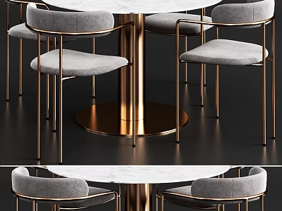 Modern Round Table And Chair Set With Gold Metal Frame Gray Seats And Marble Top 3d model