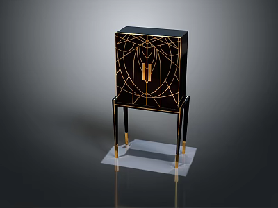 Modern Luxury Black Cabinet With Gold Geometric Patterns Slender Gold Legs On White Base 3d model