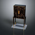 Modern Luxury Black Cabinet With Gold Geometric Patterns Slender Gold Legs On White Base