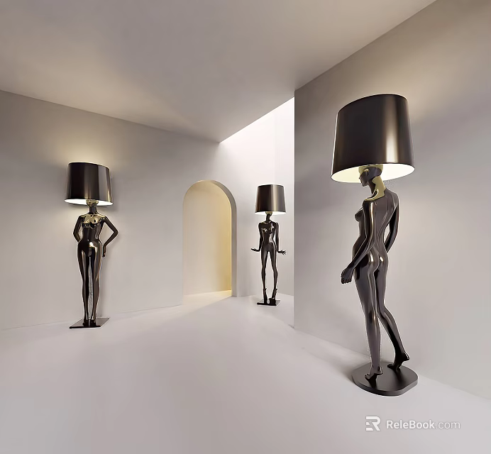 Human Shaped Floor Lamps with Black Lampshades and Metallic Bodies in Modern White Room 3d model 