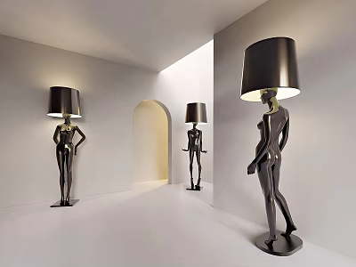 Human Shaped Floor Lamps with Black Lampshades and Metallic Bodies in Modern White Room 3d model