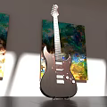 Electric Guitar and Colorful Art Paintings Displayed in Modern Gallery Space