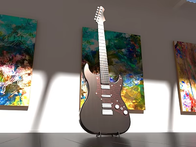 Electric Guitar and Colorful Art Paintings Displayed in Modern Gallery Space 3d model