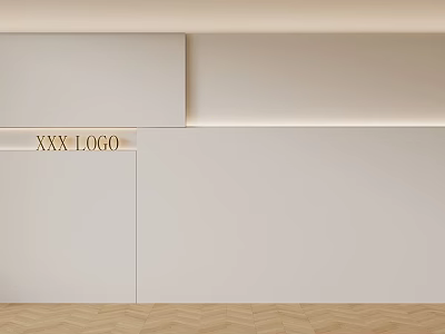 Minimalist White Background Wall Design with XXX Logo and Wooden Herringbone Floor 3d model