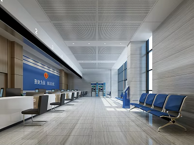 Modern Government Service Hall Interior With White Counter Blue Waiting Chairs And Spacious Design 3d model