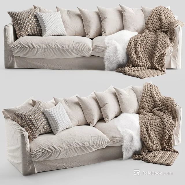 Cozy Beige Fabric Multi Seat Sofa With Plush Pillows And Knitted Blanket 3d model 