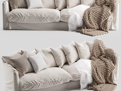 Cozy Beige Fabric Multi Seat Sofa With Plush Pillows And Knitted Blanket 3d model