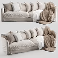 Cozy Beige Fabric Multi Seat Sofa With Plush Pillows And Knitted Blanket