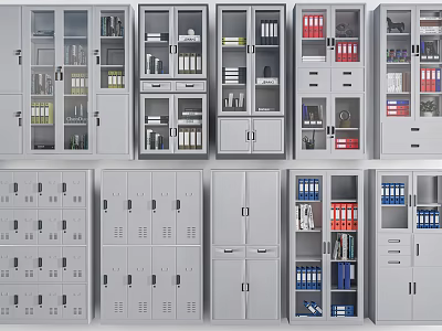 Various Designs of Modern Grey Storage Cabinets With Glass Doors Drawers and Shelves 3d model