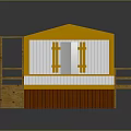 Prefabricated Building Exterior Design With White Roof Walls Brown Base Blue Awning And Staircase Entrance